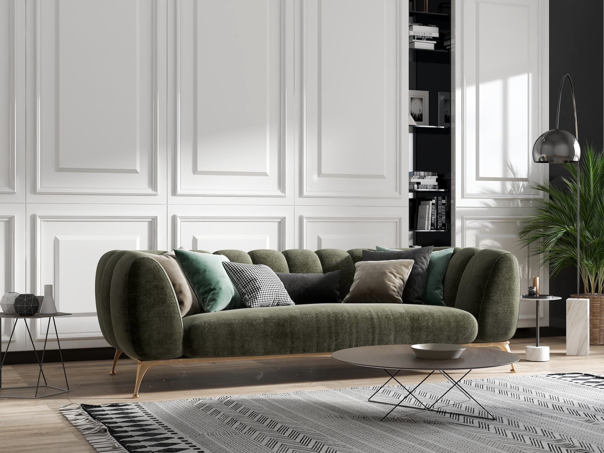Contemporary open-plan living and dining area with customized smart scene controls