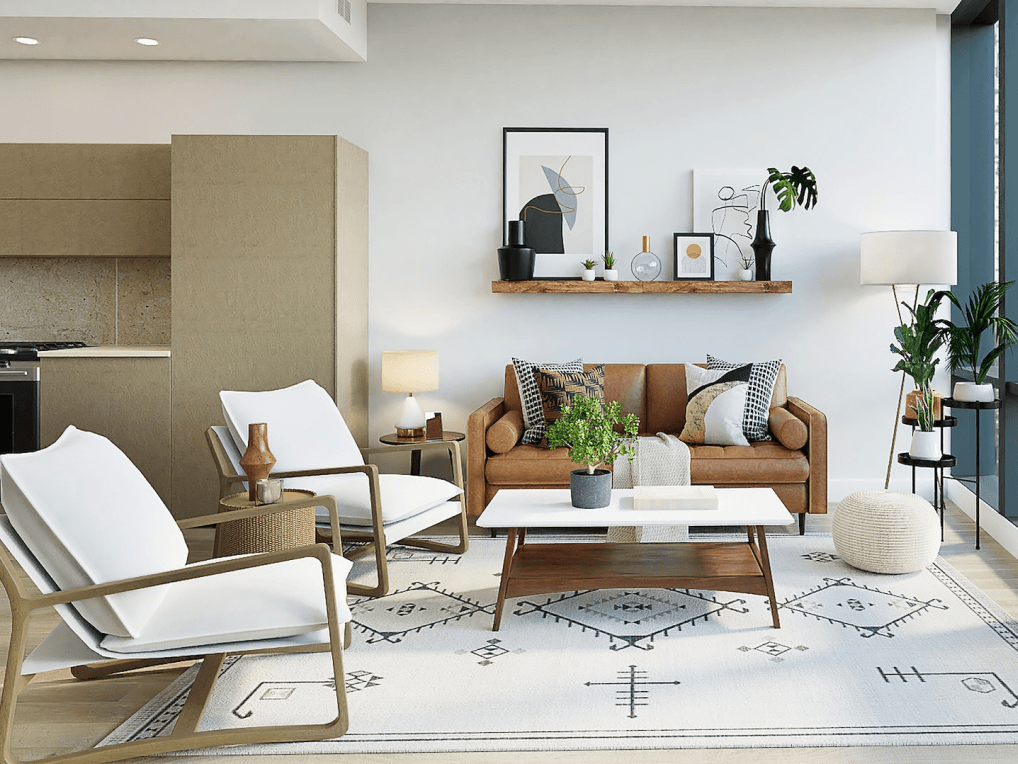 Biophilic penthouse living room with green moss wall and circadian smart lighting panels