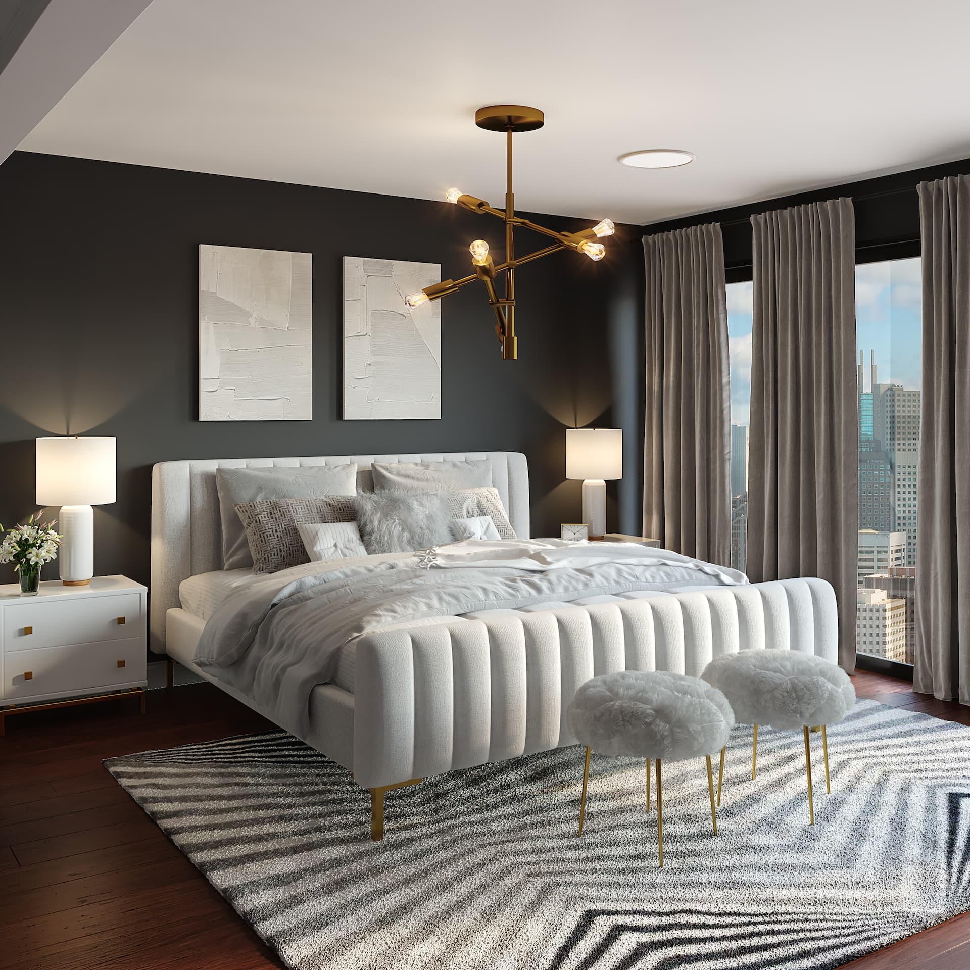 Custom luxury drawing room with integrated task lighting and automated panel systems